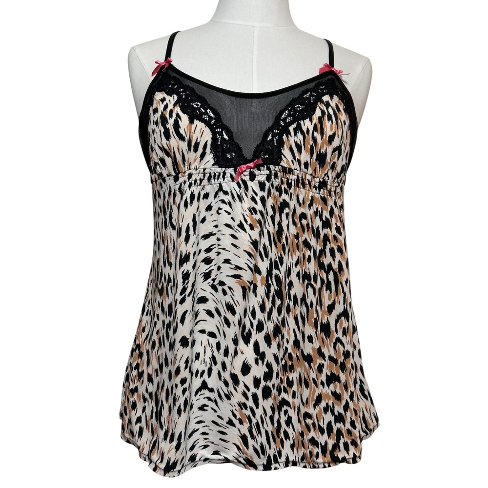 Betsey Johnson‎ Intimates Leopard Print Lace Trim Camisole Babydoll Top Large